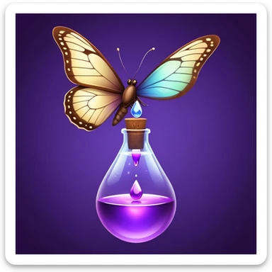 Small brown bottle floating with dim light, with a purple drop suspended in the air, slowly spinning in front of a luminous butterfly representing the thyroid sticker
