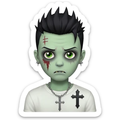 zombie boy with spiky emo black hair and white shirt , tattos, a risk on the eyebrow, earings,  a necklace with a cross, green skin emoji  sticker
