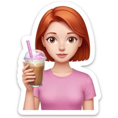 Redhead girl with ice coffe cristal glass brown eyes and a pink tshirt  sticker