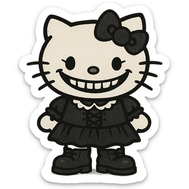 gothic Hello Kitty with a silly grin, dark clothing, humorous vibe sticker