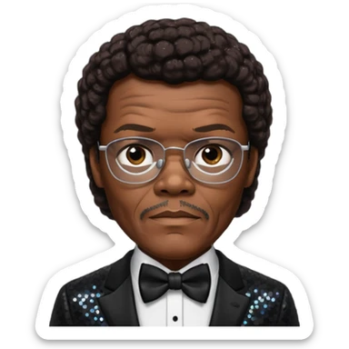 Samuel L Jackson with dark brown hair, black sequin suit with bow tie sticker