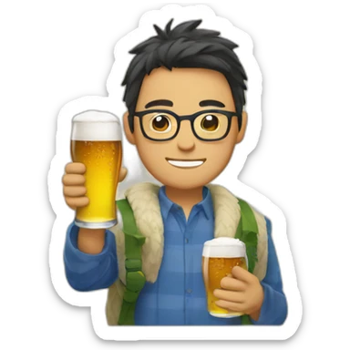 Japanese wearing glasses alohashirt is holding beer sticker