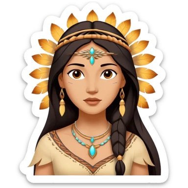 Cinematic Radiant Pocahontas Portrait Emoji, rendered in a vector-style with clean lines. Show Pocahontas with luminous, sun-kissed skin and flowing dark hair adorned with subtle natural ornaments, her expression calm and kind, dressed in simple traditional attire with earthy tones. The image glows softly with a warm, inviting radiance, enhanced by a soft glowing outline. sticker