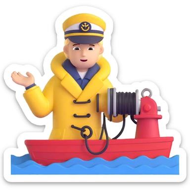 Close-up of sailor in raincoat operating winch to retrieve sediment samples from rough sea sticker