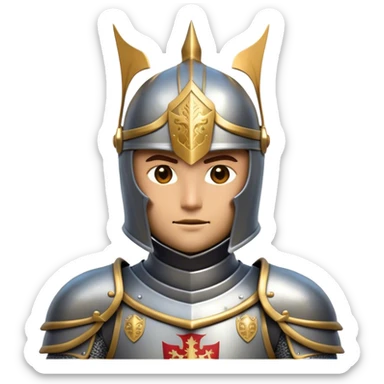 Clash of Clans aesthetic friendly Knight Portrait Emoji, With a noble, armored build featuring a gleaming suit adorned with intricate heraldry and a determined gaze behind a visored helm, his face rendered in a natural skin tone (not yellow), Simplified yet dynamic features, highly detailed, glowing with a cool, steely radiance, high shine, courageous and resolute, stylized with an air of chivalric valor, focused and stalwart, soft glowing outline, capturing the essence of a valiant knight ready to charge into epic quests with honor! sticker