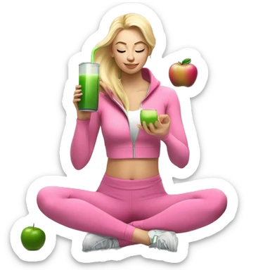 blonde girl in pink yoga pants and zip up workout jacket sitting in a yoga pose and having a green juice in her right hand and an iphone in the other  sticker