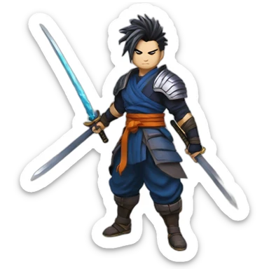 yasuo from league of legend in the dragon ball z style with color with a tired hair and a katana sticker