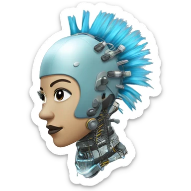 Light blue Mohawk female cyborg head with silver respirator mask and circuits sticker