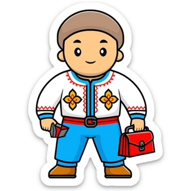 Ukrainian man in traditional embroidered vyshyvanka shirt holding a toolbox sticker