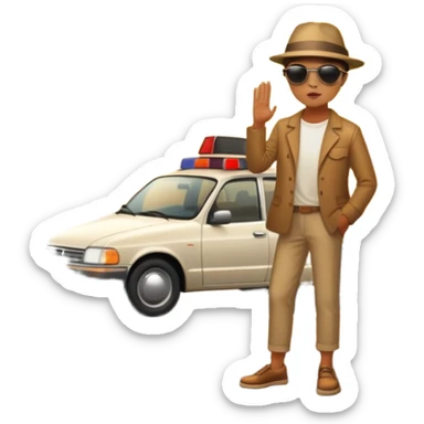 A parked car rests on the side of a long with a person outside , empty road stretching toward a golden sunset. The sky glows with warm colors, and the landscape ahead feels open, peaceful, and full of promise. sticker