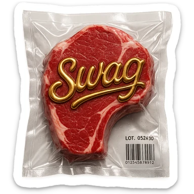 steak with gold cursive 'SWAG' lettering, shiny and inflated sticker