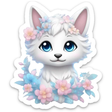 Anthro Cute Cool Pastel Kawaii gorgeous sparkly ethereal fantasy animal creature with blue eyes furry sona with flowers and ribbons beautiful aesthetic sticker