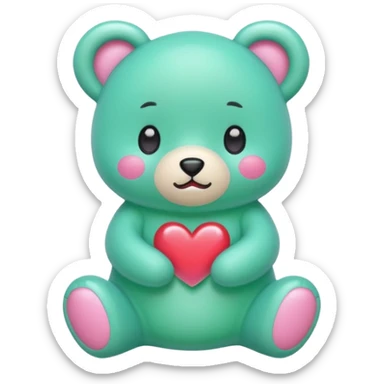 Oso gummy color verde agua  corazón rosa kawaii con cuerpo entero parado sticker