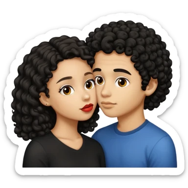 a light skin girl with medium black curly hair and a light brown boy with medium length black hair kissing emoji sticker