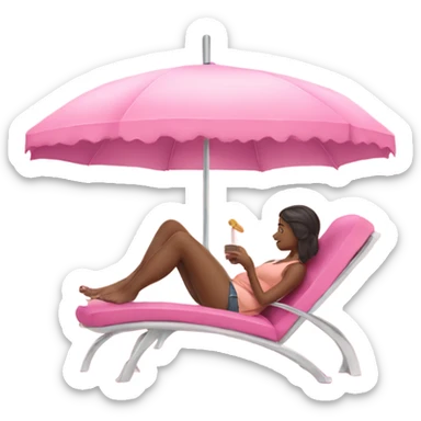 Girl lounging with her feet on a. Pink chair under a umbrella  sticker
