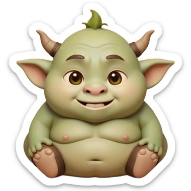 Cinematic Cute Ogre Portrait Emoji, with a surprisingly endearing, plump and huggable figure in soft earthy greens and browns, featuring big, kind eyes and a bashful smile, simplified yet irresistibly adorable, highly detailed with a soft glowing outline that captures the charm of a friendly giant who seems ready for a warm hug! sticker