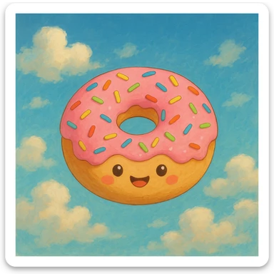 ghibli style kawaii donut with rainbow sprinkles and happy face, floating in a dreamy cloud background sticker
