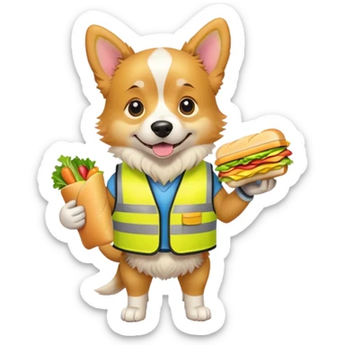 dog wearing a construction vest and holding a big juicy sandwich sticker
