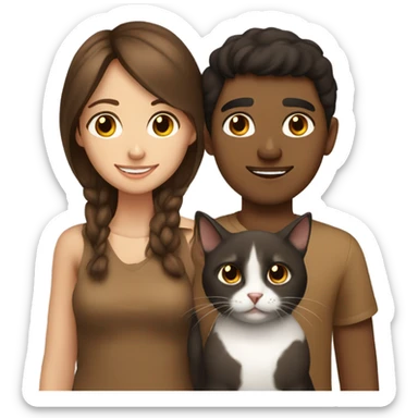 Brunette girl and brown boy with their cat sticker