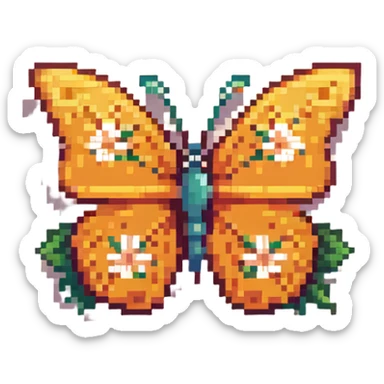 Blue smiling butterfly in springtime with pixel flowers and sunshine sticker
