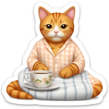 Orange tabby in pajamas with tea sticker