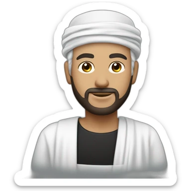 White man wearing black omani musar (head cover), with white dress sticker