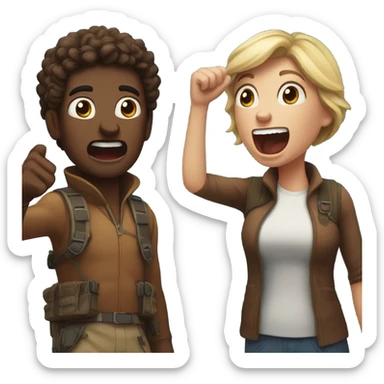 White man and brownie-skinned woman yelling from a mountain top sticker