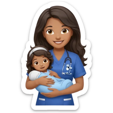 Female nurse smiling with long dark wavy hair with medium brown skin and brown eyes holding one tiny new born baby with navy blue short sleeves sticker