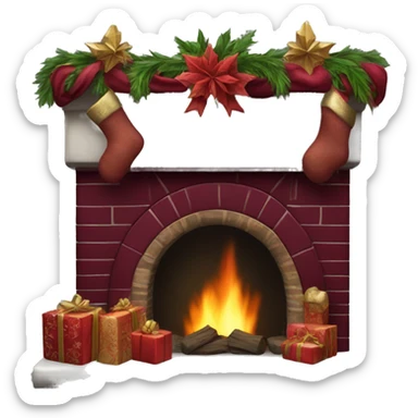 Realistic decorated burgundy Christmas fireplace sticker