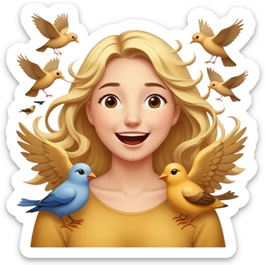 Cinematic Adorable Aurora Portrait Emoji, Giggling in surprise as birds land on her shoulders, cheeks flushed, golden locks bouncing, an irresistible mix of playfulness and beauty! sticker