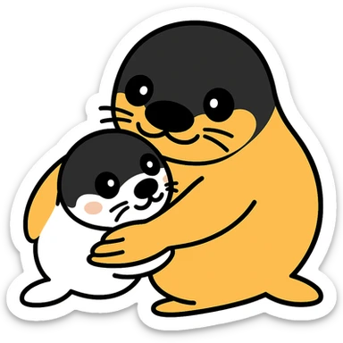 Transform the seal pup and mother in the image to resemble Yo-chan and Tusk-chan from Tokkari Centre, maintaining the nuzzling pose and preserving the transparent background. sticker
