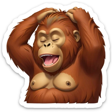 Cinematic Cute Yawning Orangutan Portrait Emoji, Head tilted slightly with a dramatic, wide-open yawn, showcasing a richly textured face with half-closed, sleepy eyes and a relaxed, open expression, Simplified yet irresistibly adorable features, highly detailed, glowing with a soft, cozy jungle glow, high shine, relaxed yet expressive, stylized with a dash of whimsical charm, soft glowing outline, capturing the essence of a drowsy yet affectionate guardian that appears ready to stretch out for a nap! sticker