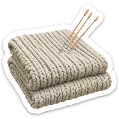Highly detailed, ultra realistic half finished, Chunky wool, beautiful soft wool blanket, with a pair of realistic knitting needles, still life sticker