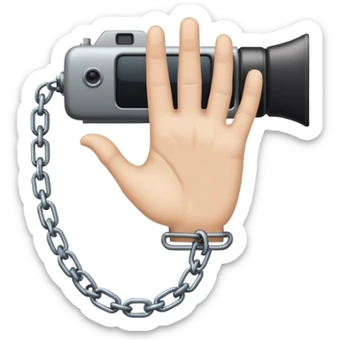 Minimalist emoji-style sticker of a human hand bound by a chain leading to a video camera. Icon-like, clean silhouette, muted tones. sticker