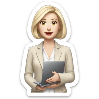 pale skin woman with ash blonde Straightened bob Hair, White Spacious classical jacket, beige palazzo Arrow pants and gray blouse holding a MacBook in the hands sticker