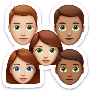 One woman with blue eyes, brown hair, light skin standing next to another woman with darker red brown hair, lighter skin, and green eyes, standing next to a man with no facial hair, blue eyes, and short brown hair sticker