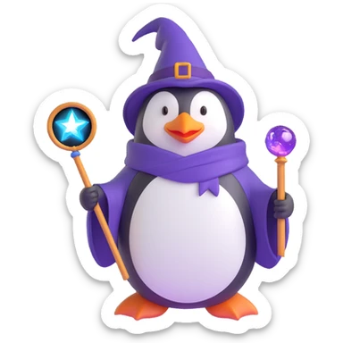 ios 3D style emoji of a penguin wizard with a purple hat and wand, standing on a magic circle sticker