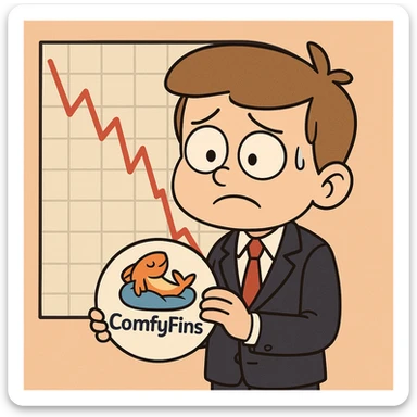 business kid in a suit, holding a ComfyFins logo, looking worried as stock chart drops, cartoon style sticker