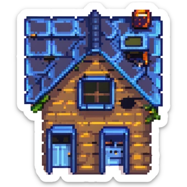 modern house with blue solar panels on the roof, pixel art style sticker
