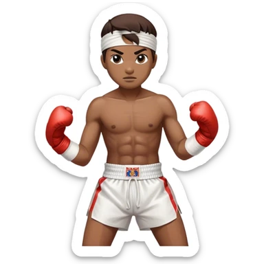 ​Cinematic Realistic Traditional Muay Thai Fighter, depicted in authentic attire featuring white bandaged gloves wrapped around his fists, a traditional headband tied neatly, and classic Muay Thai shorts, captured in a dynamic fighting stance under dramatic, high-energy lighting that highlights the raw power and elegance of the art, sticker