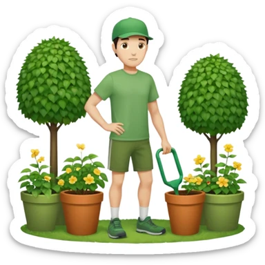 rapaz magro cabelo escuro com boné verde claro, camiseta verde e bermuda verde escuro, corpo inteiro cuidando do jardim sticker