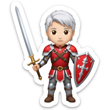 32x32 pixel art emoji, a white-haired boy holding dual swords, inspired by, heroic pose, silver-white hair, glowing red and silver swords, metallic armor details, vibrant colors, transparent background, high contrast, video game icon style. sticker