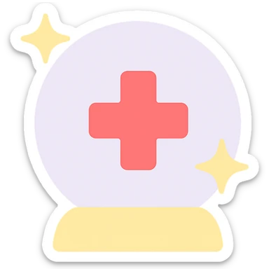 flat icon of a crystal ball with a medical cross and sparkles, symbolizing high quality and affordable healthcare, soft color palette, simple and recognizable sticker