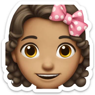girl with medium dark brown hair and a stupid smile on her face. Wearing a polkadot pink dress and bow, dresses like a two year old. sticker