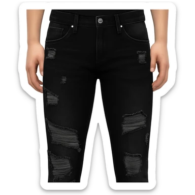 Black ripped skinny jeans in Amiri style, heavily distressed with stacked fit, frayed knee rips, faded black wash, visible “AMIRI” logo detail, emoji style, centered, no model, no shoes, no extras. sticker