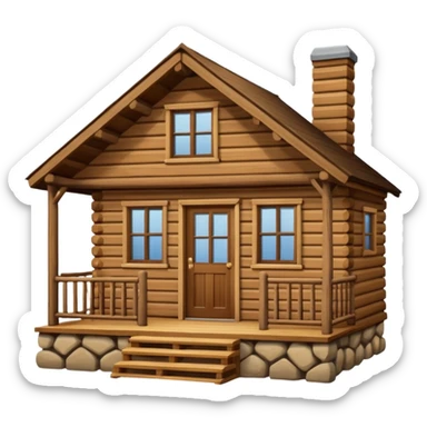 A rustic wooden cabin with horizontal log-style siding and a small front porch enclosed by crossed wooden railings. The cabin has a simple rectangular shape, a sloped roof, and warm brown wood tones throughout. sticker