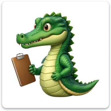 A gator with a serious face holding a clipboard and a pencil, offwhite background sticker