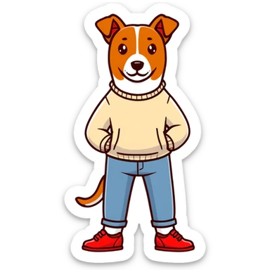 Brown dog standing upright with hands in jean pockets, wearing a white sweater and red shoes sticker