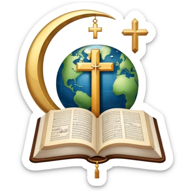 An icon featuring a Bible, The Quran, The Orthodox cross, a crescent moon, symbolizing the study of religions. The design includes diverse religious symbols and a globe, representing global beliefs and spiritual practices. Transparent background highlights the exploration of faiths and traditions. sticker