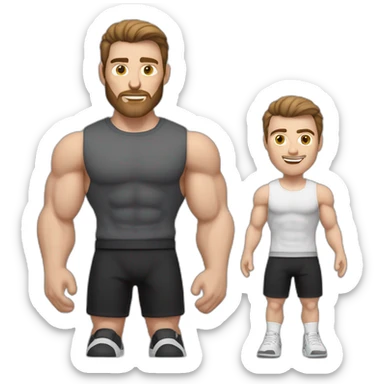 Close up Actively gesturing  with hands Pale skinned Fit Man With the biceps and brown hair in dark gray Sleeveless Mike, black oversize sports shorts, watch and white Sneakers sticker